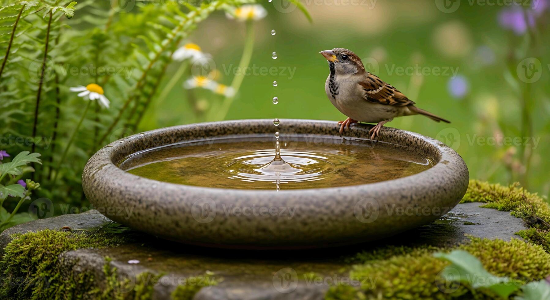 a bird is drinking from a bird bath photo