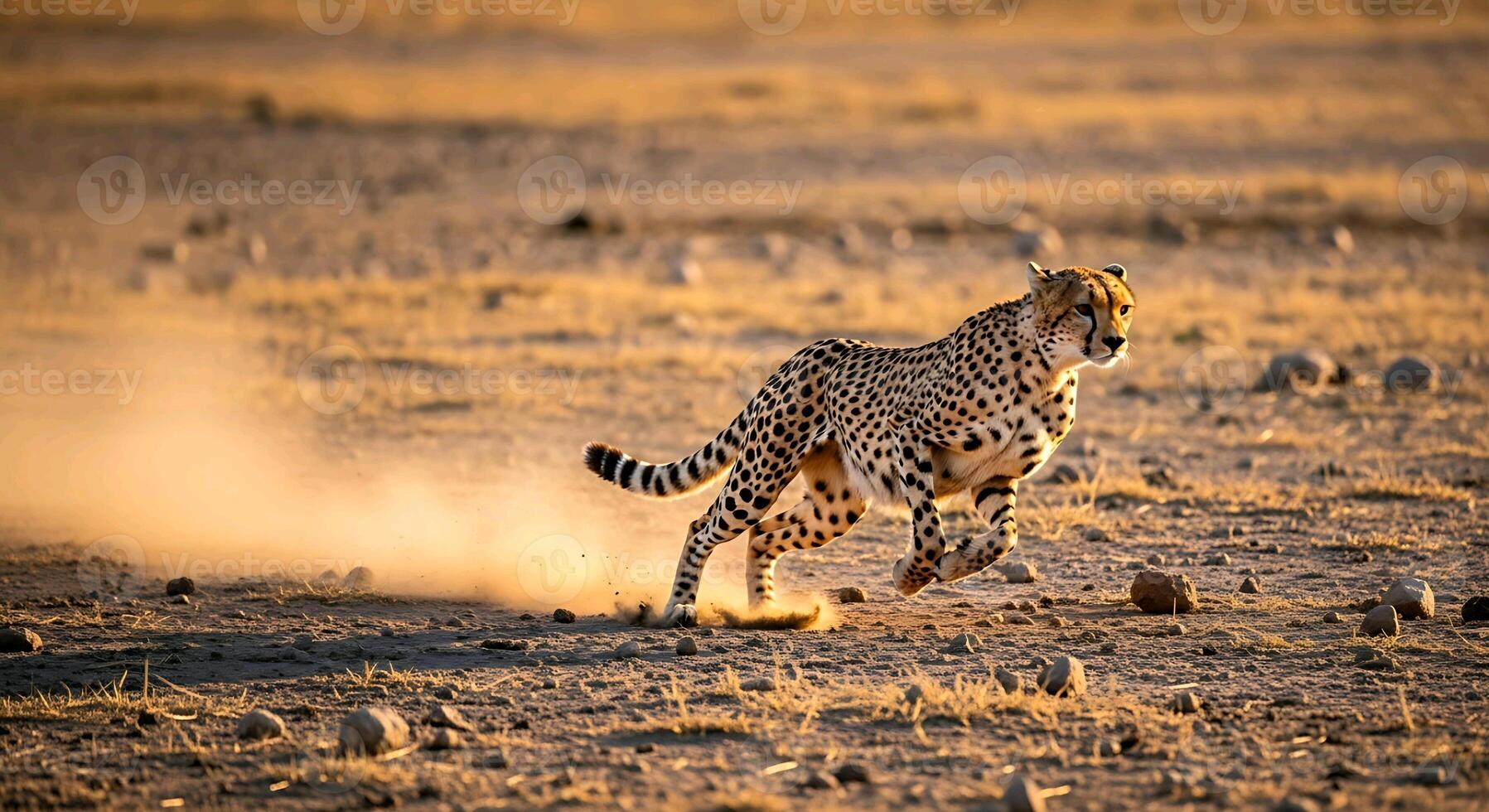 a cheetah running across the desert in the morning photo