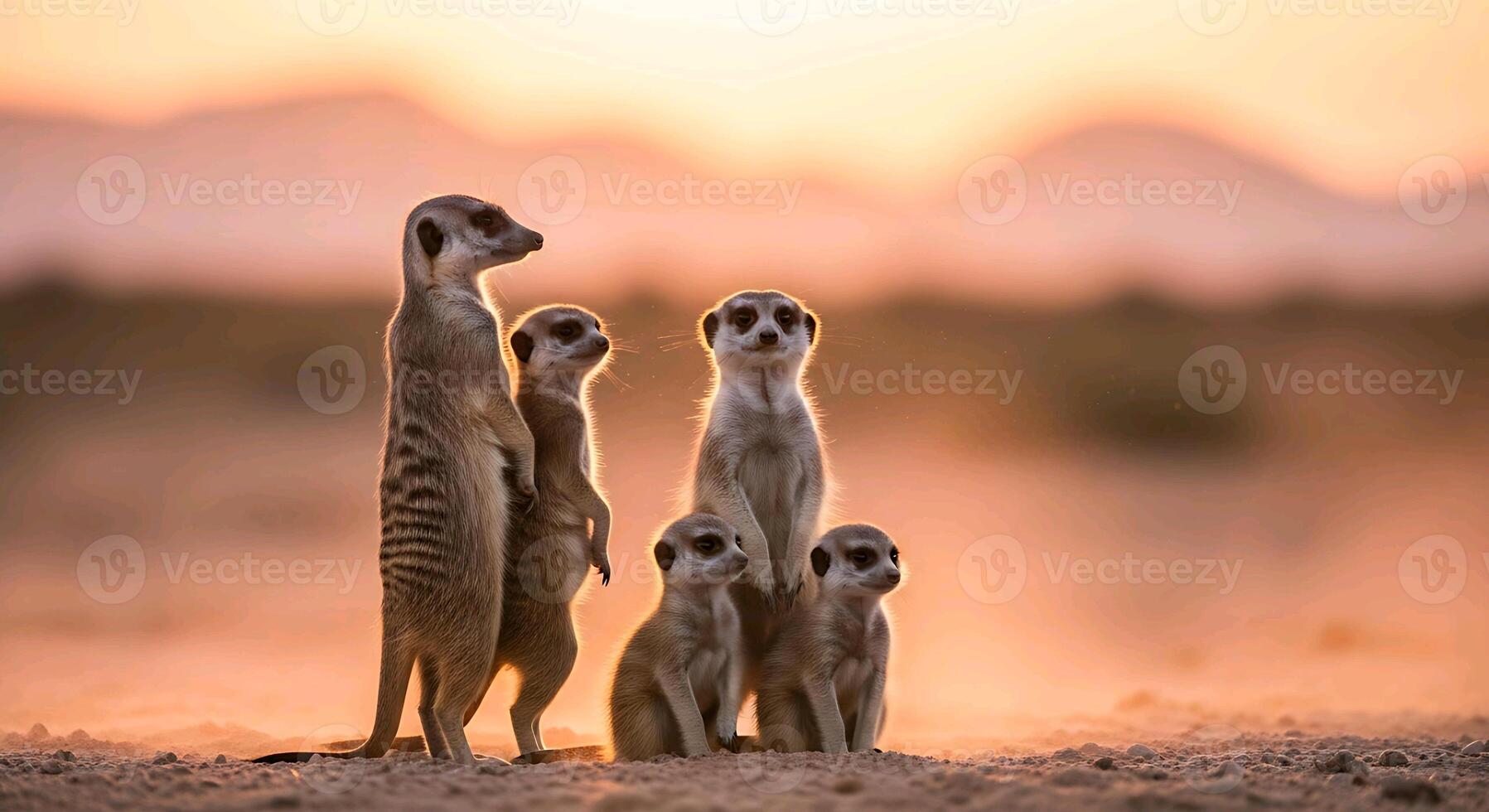 a group of meerkats stand in the desert at sunset photo