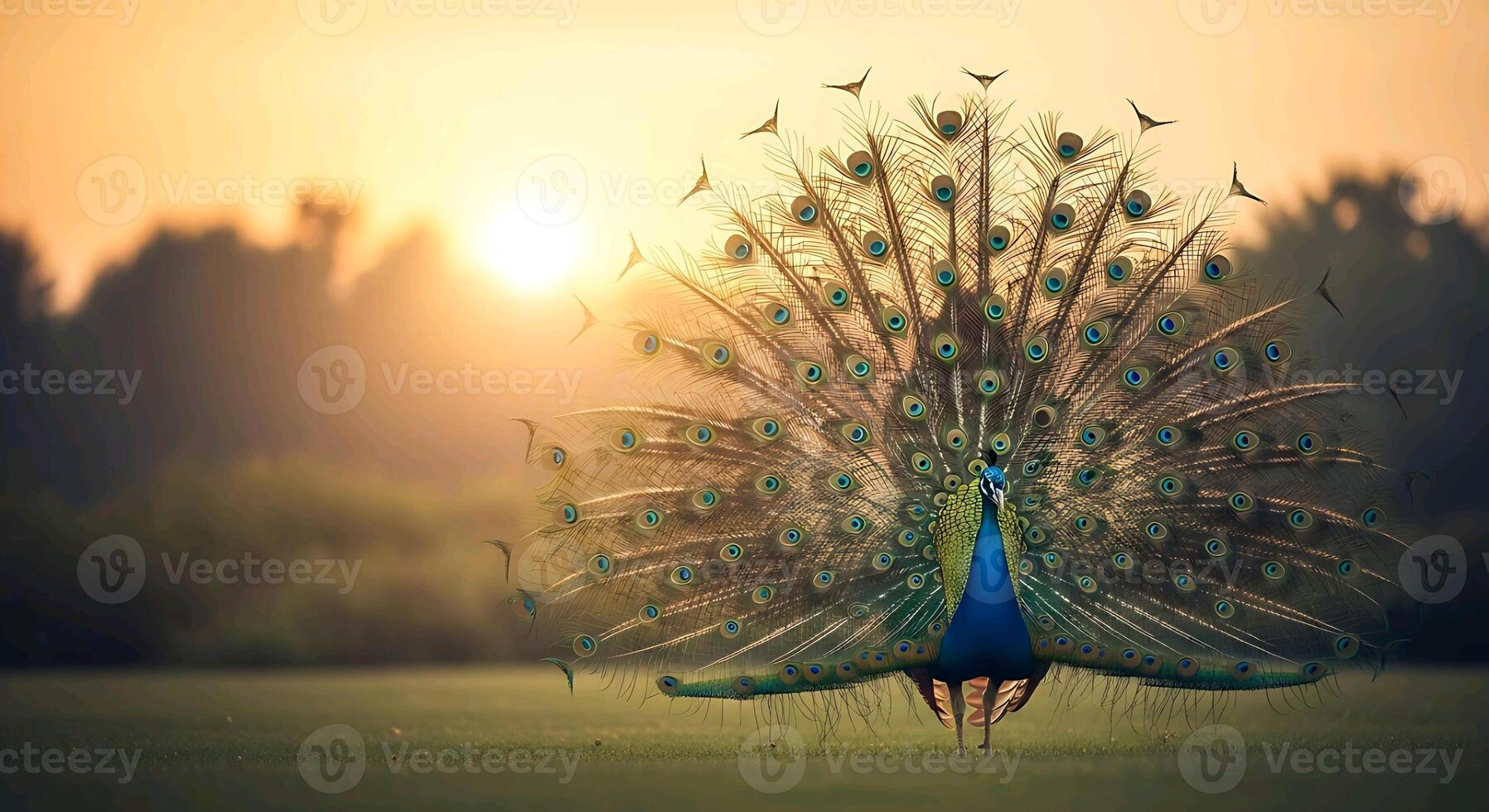 an peacock is standing in the grass with its tail out photo