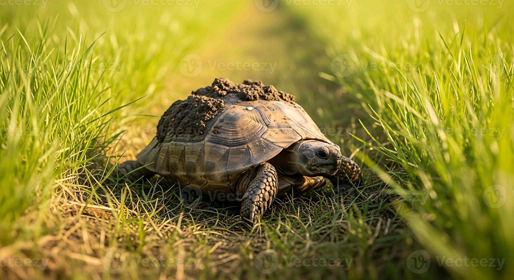 a turtle walking through a field of grass photo