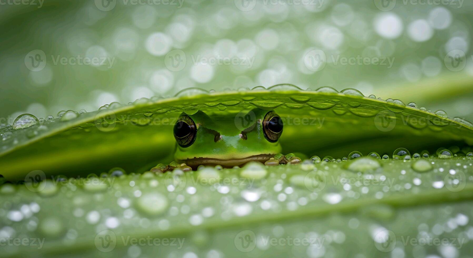 a frog peeks out from under a leaf photo