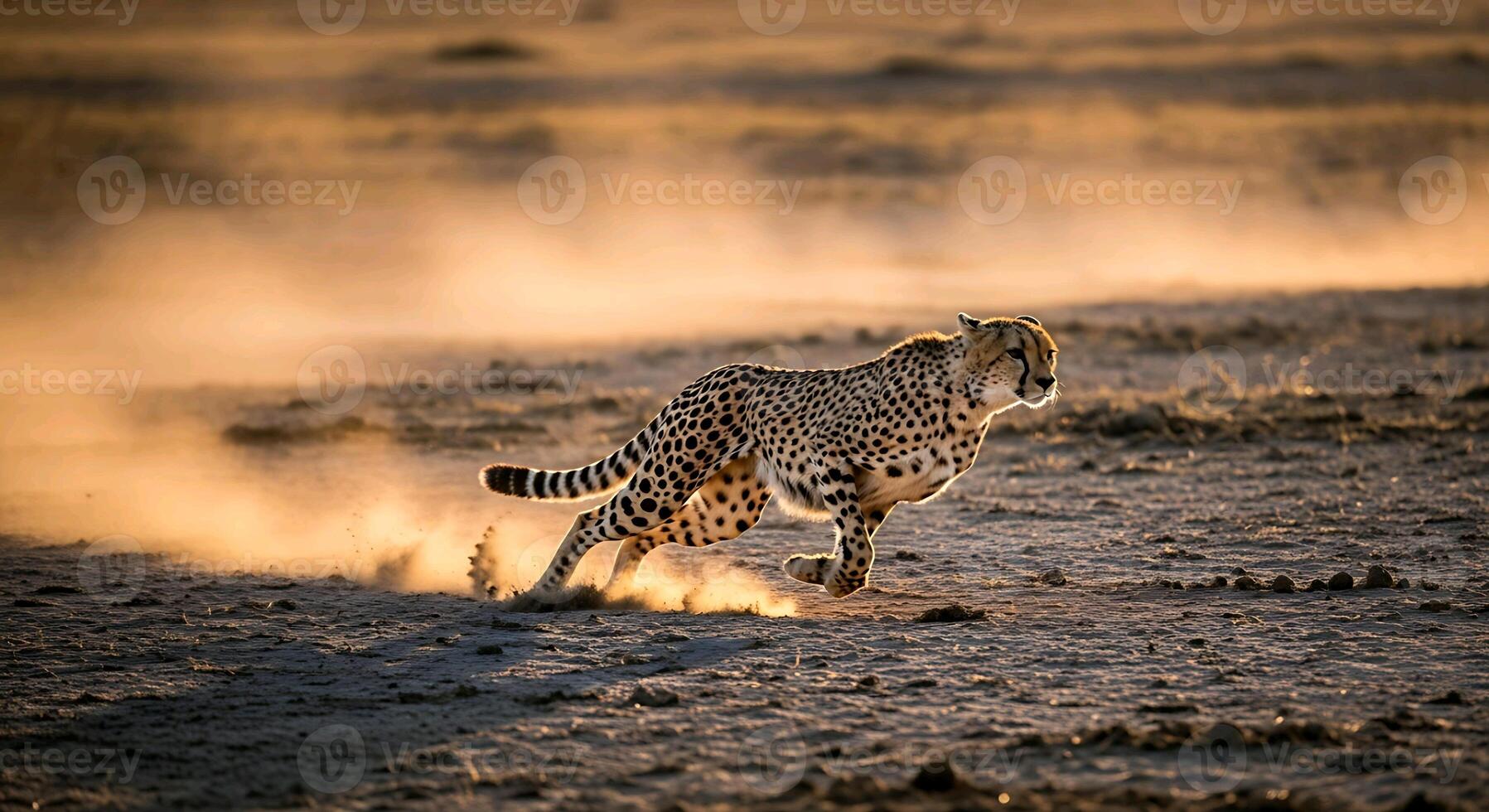 a cheetah running across the desert at sunset photo