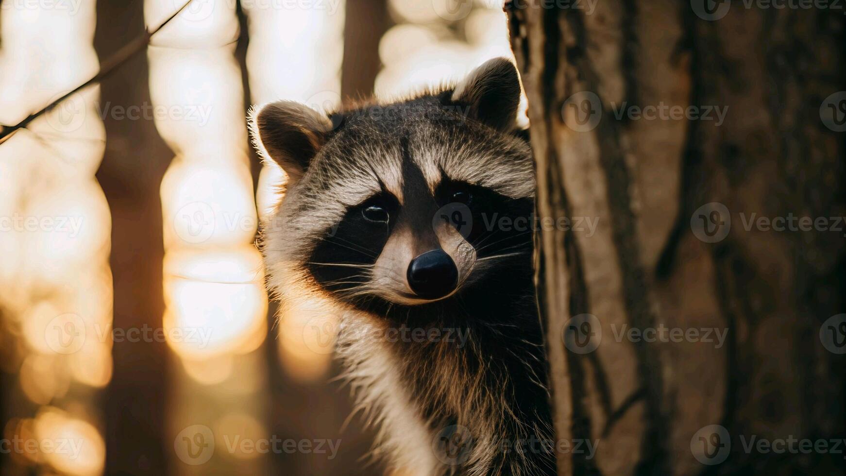 a raccoon peeking out from behind a tree photo