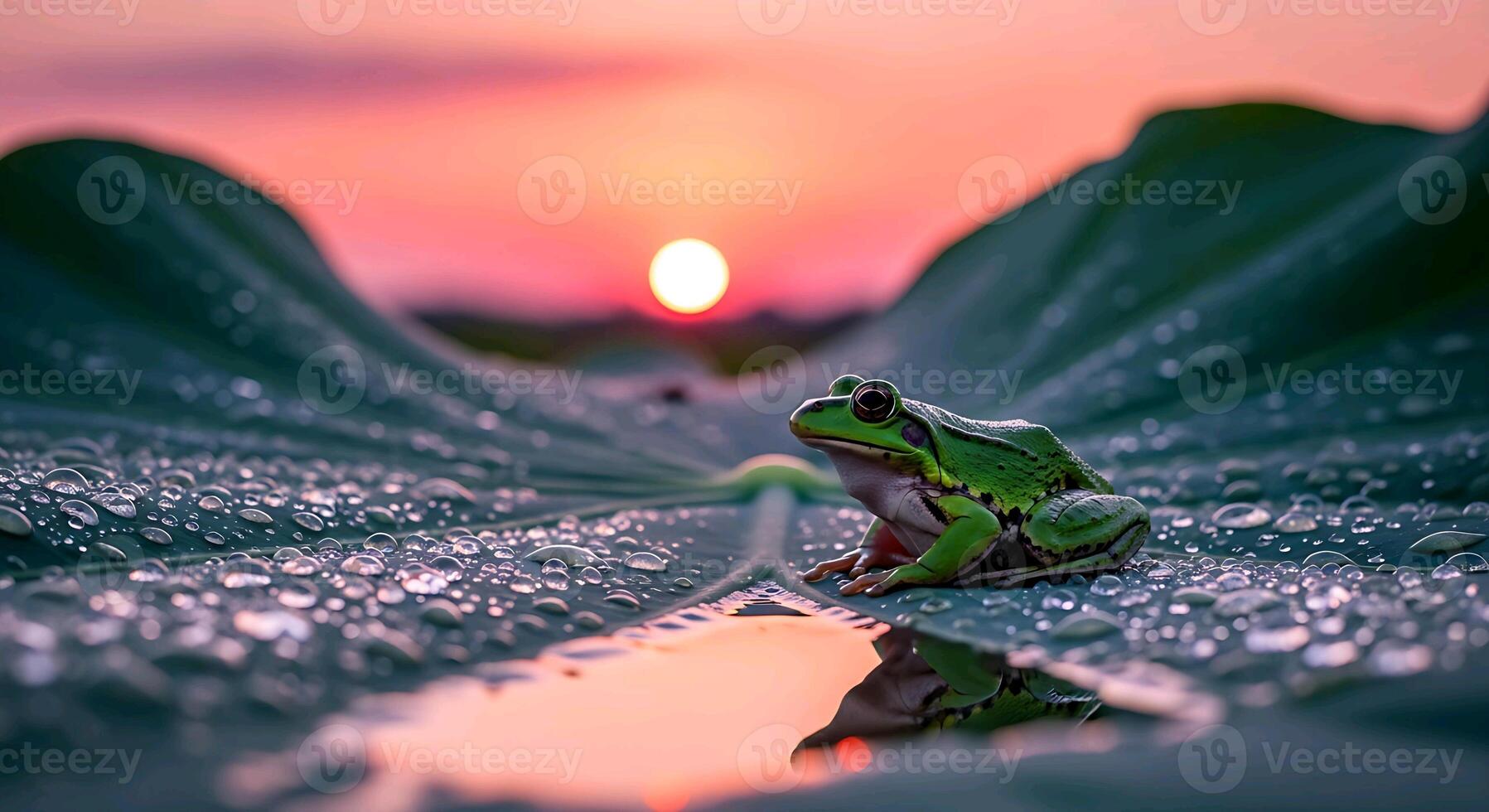 a frog sitting on a leaf with water droplets on it photo