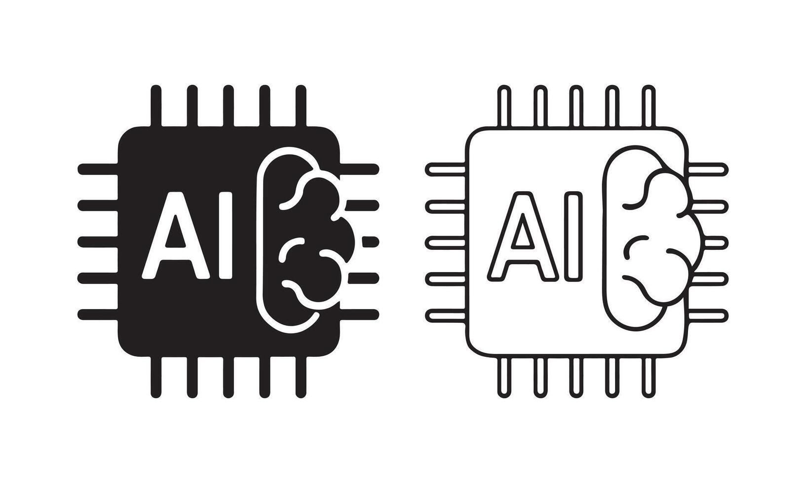 AI Brain Chip Icon Silhouette and Line Art vector