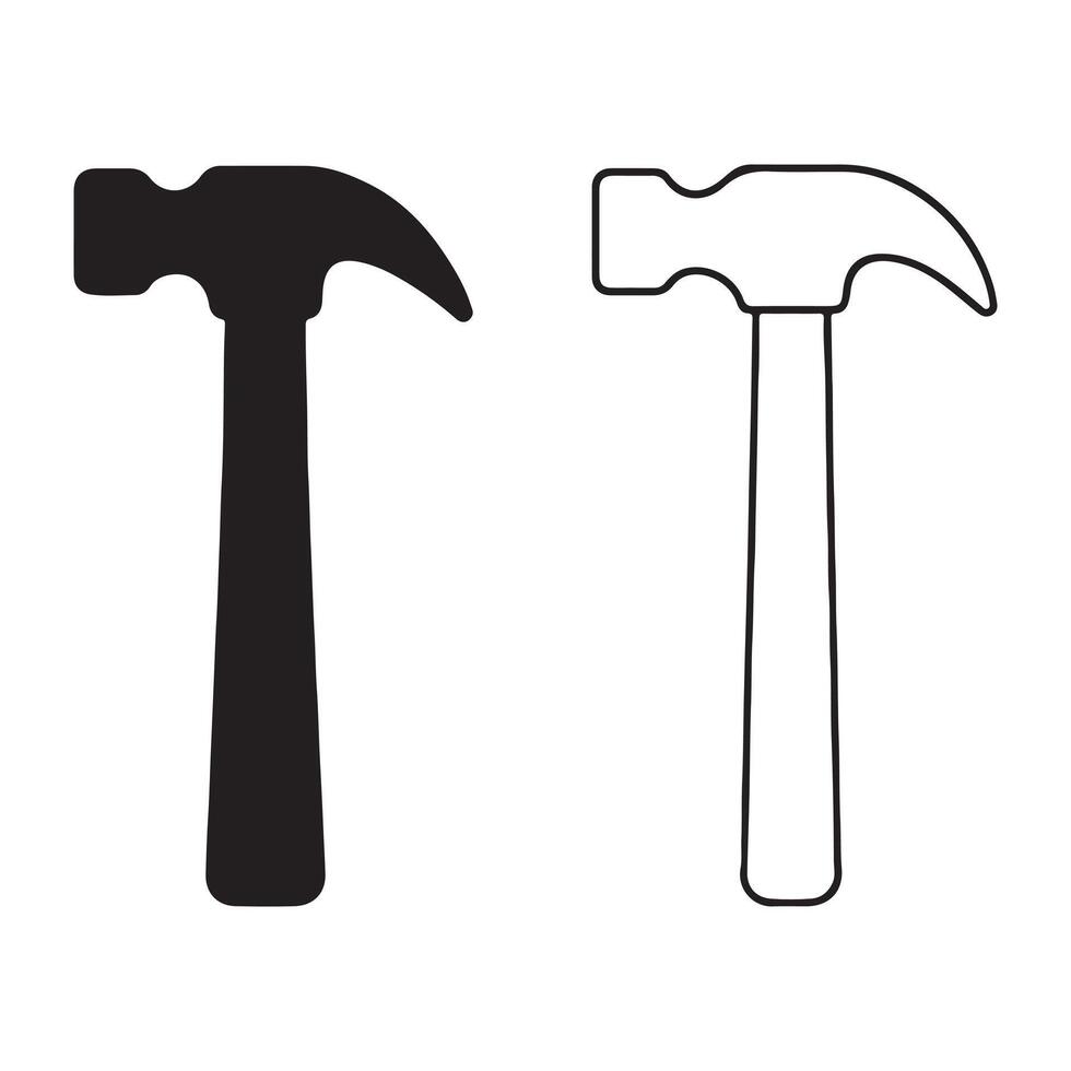 Hammer Silhouette and Line Art Icon on White Background vector