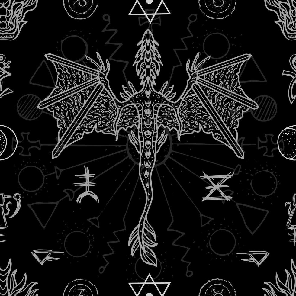 Seamless pattern with fantasy illustrations of dragon, sacred geometry, mystic symbols and decorated elements. Line art background with vintage, epic and adventures concept vector