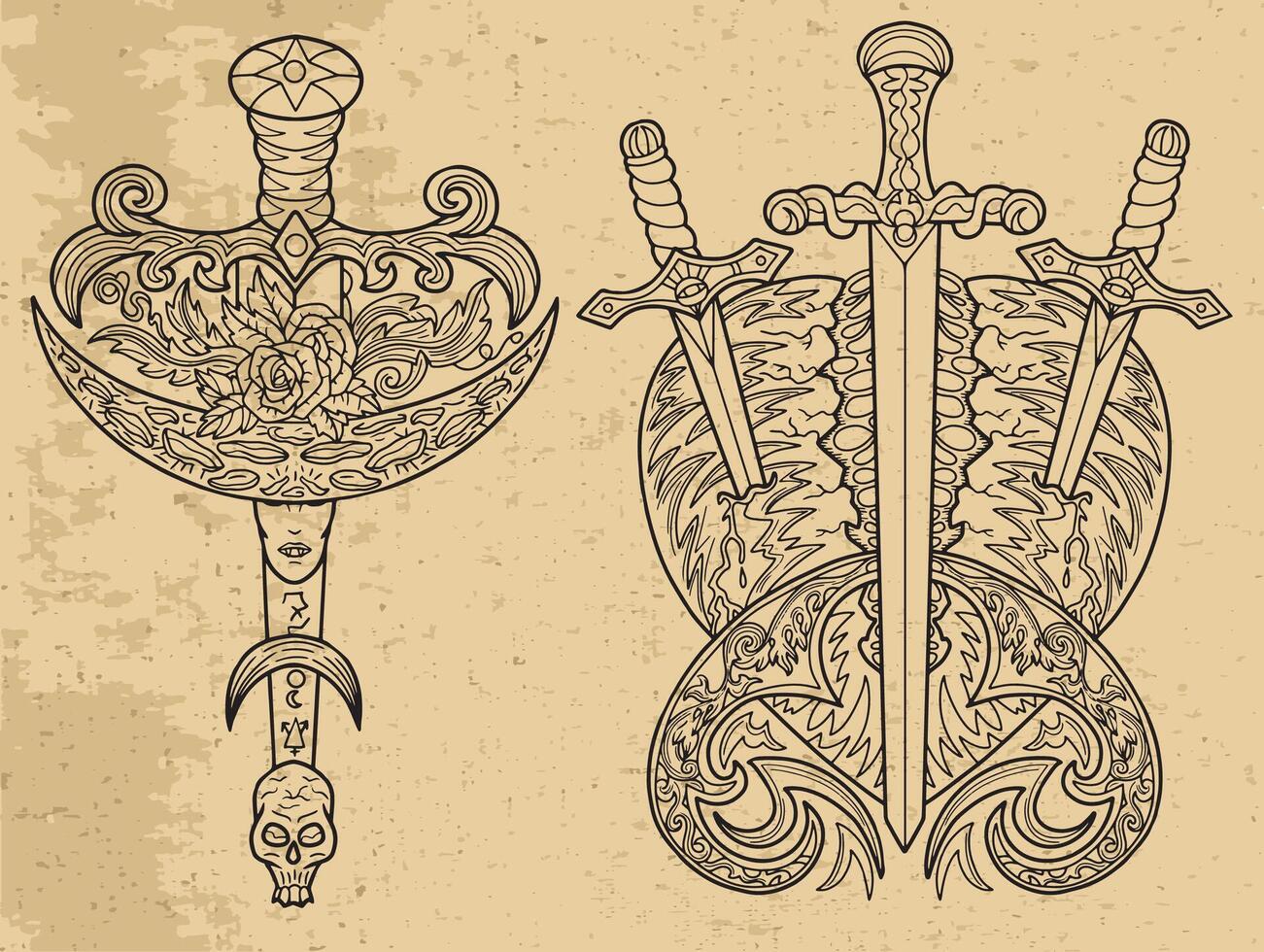 Design set with fantasy illustrations swords of and decorated elements for tattoo, print, tarot cards. Line art drawings. Mystic, epic and adventures concept vector
