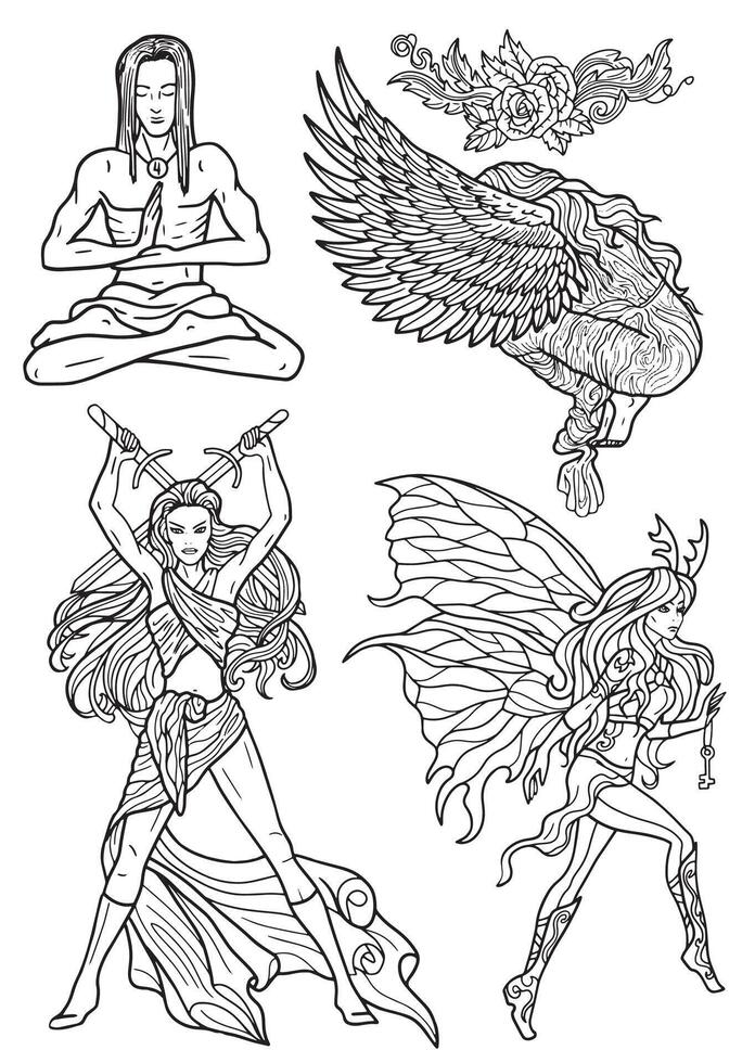 Design set with fantasy characters of angel, warrior, fairy and decorated elements for tattoo, print, tarot cards. Line art drawings isolated on white. Mystic, epic and adventures concept vector