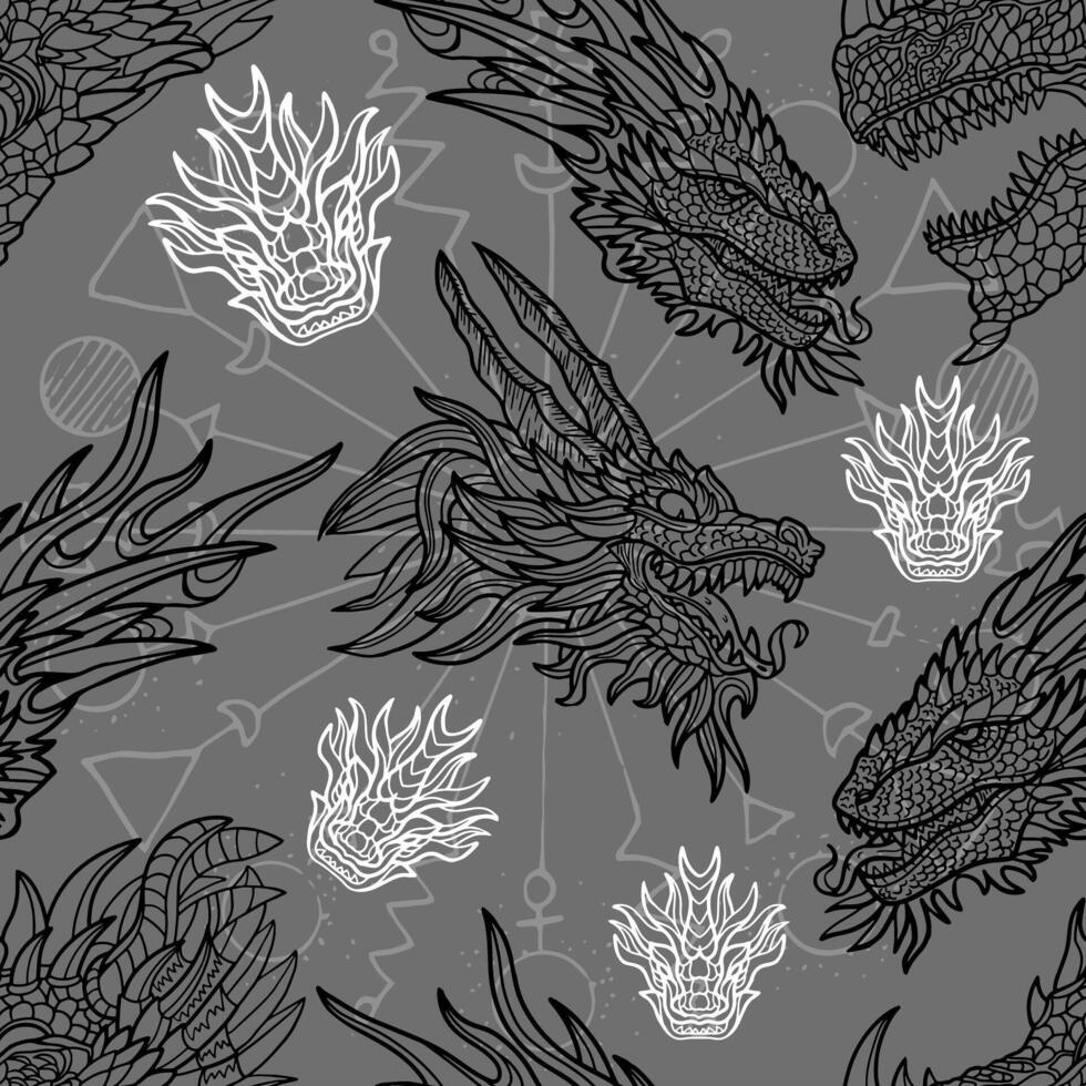 Seamless pattern with fantasy illustrations of dragons and decorated elements. Line art background with mystic, epic and adventures concept vector