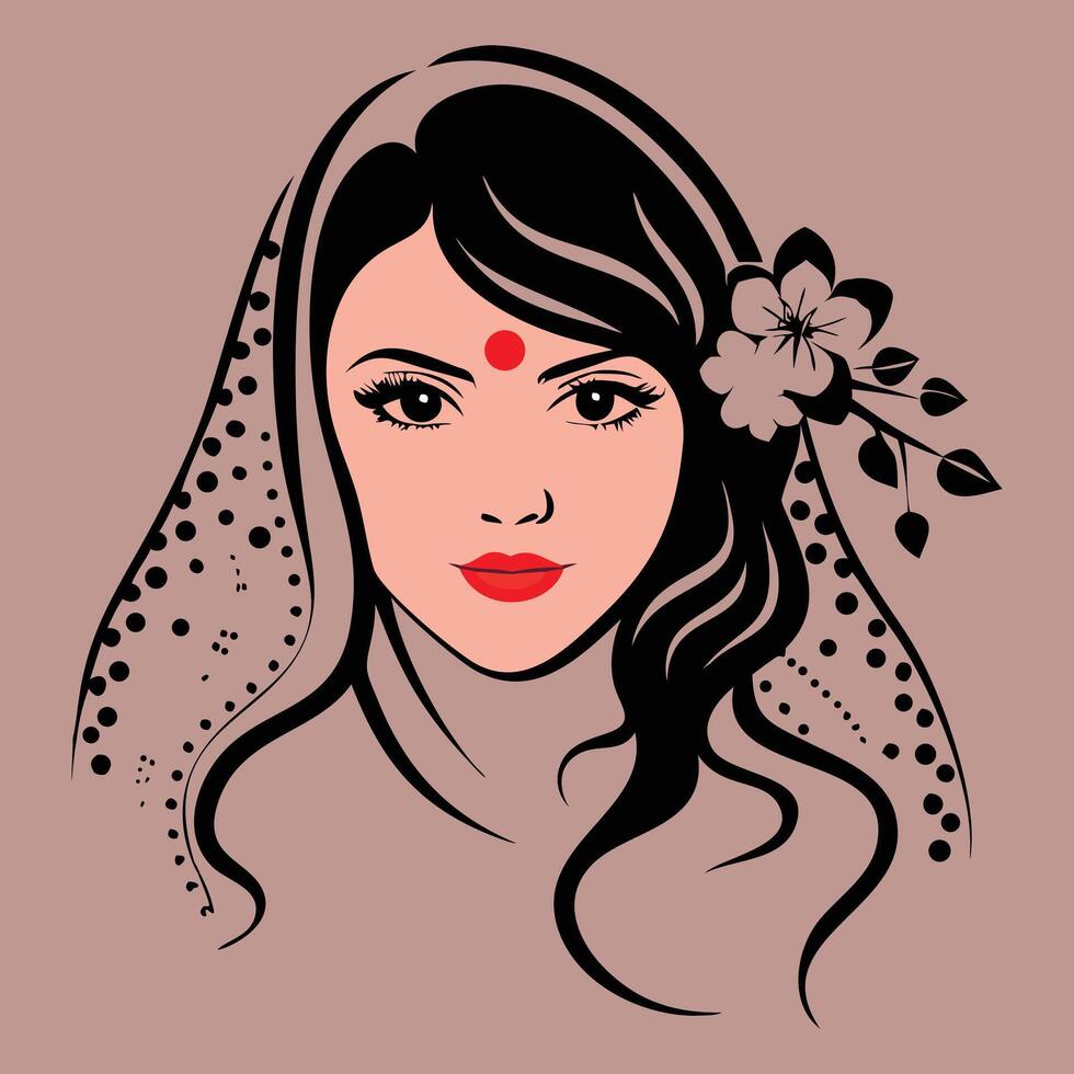 A soft, artistic portrait features a young woman wearing a lace veil and floral designs that create a soft frame around her face. vector