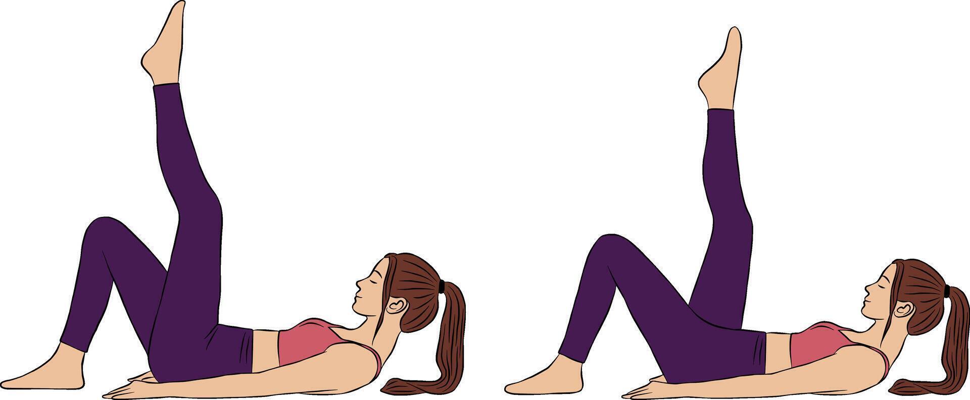 Pilates and Yoga exercise, Single Leg Stretch, Woman illustration. vector