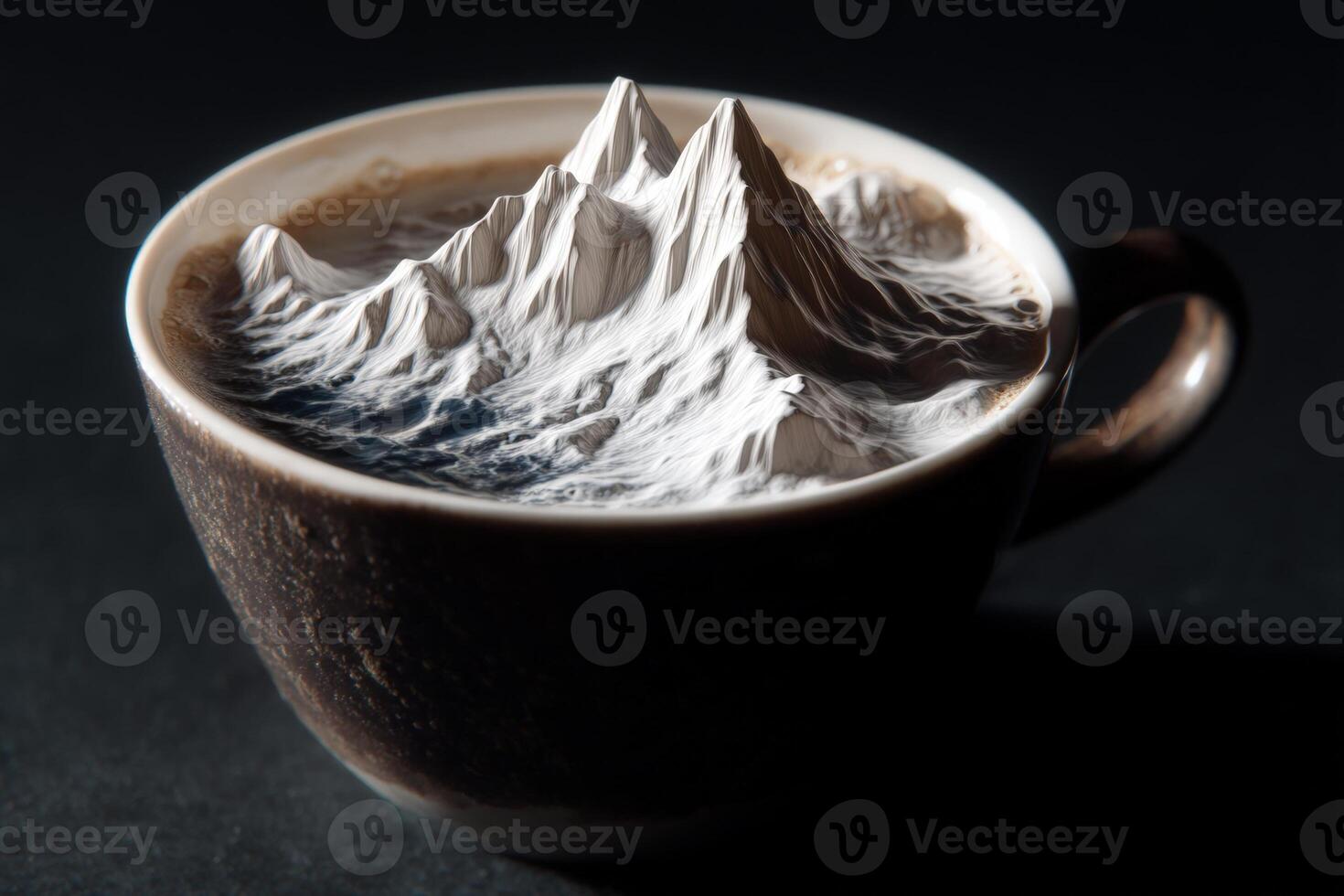 A brown ceramic cup filled with coffee illustrates a surreal mountain landscape emerging from the surface, creating an imaginative blend of beverage and nature art photo