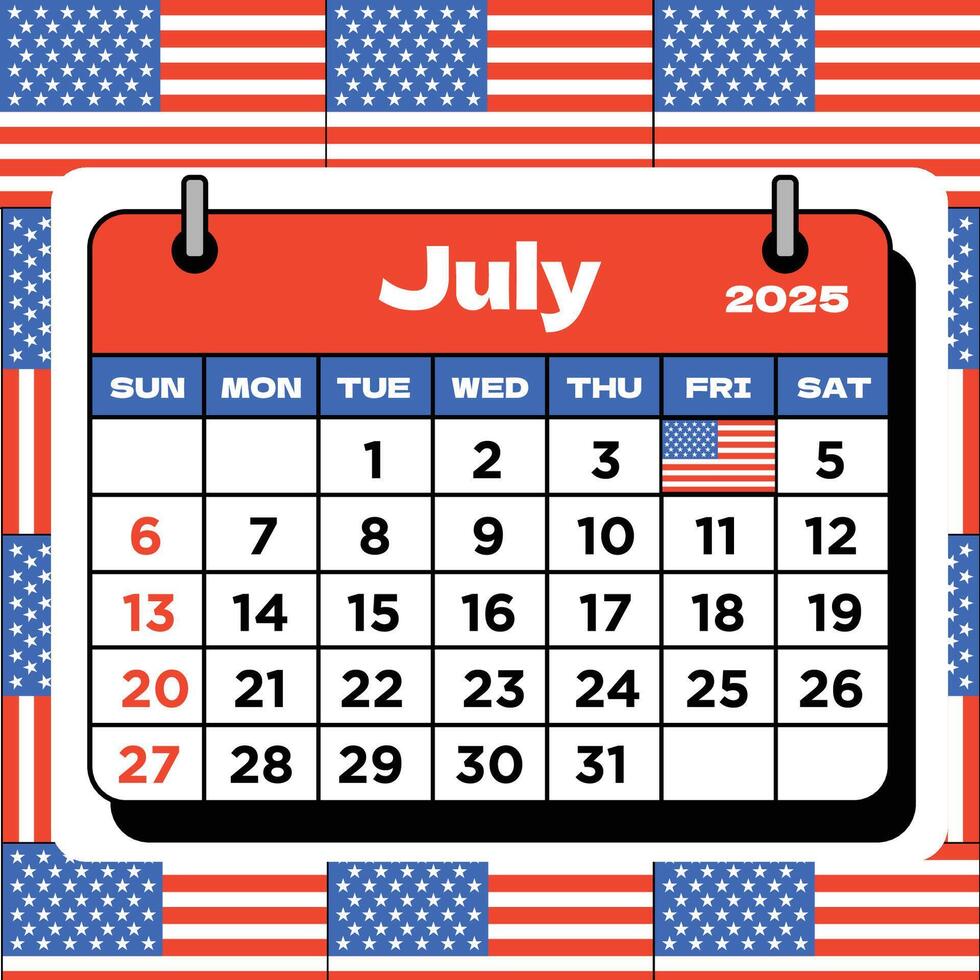 American Calendar For The Month of July 2025 vector
