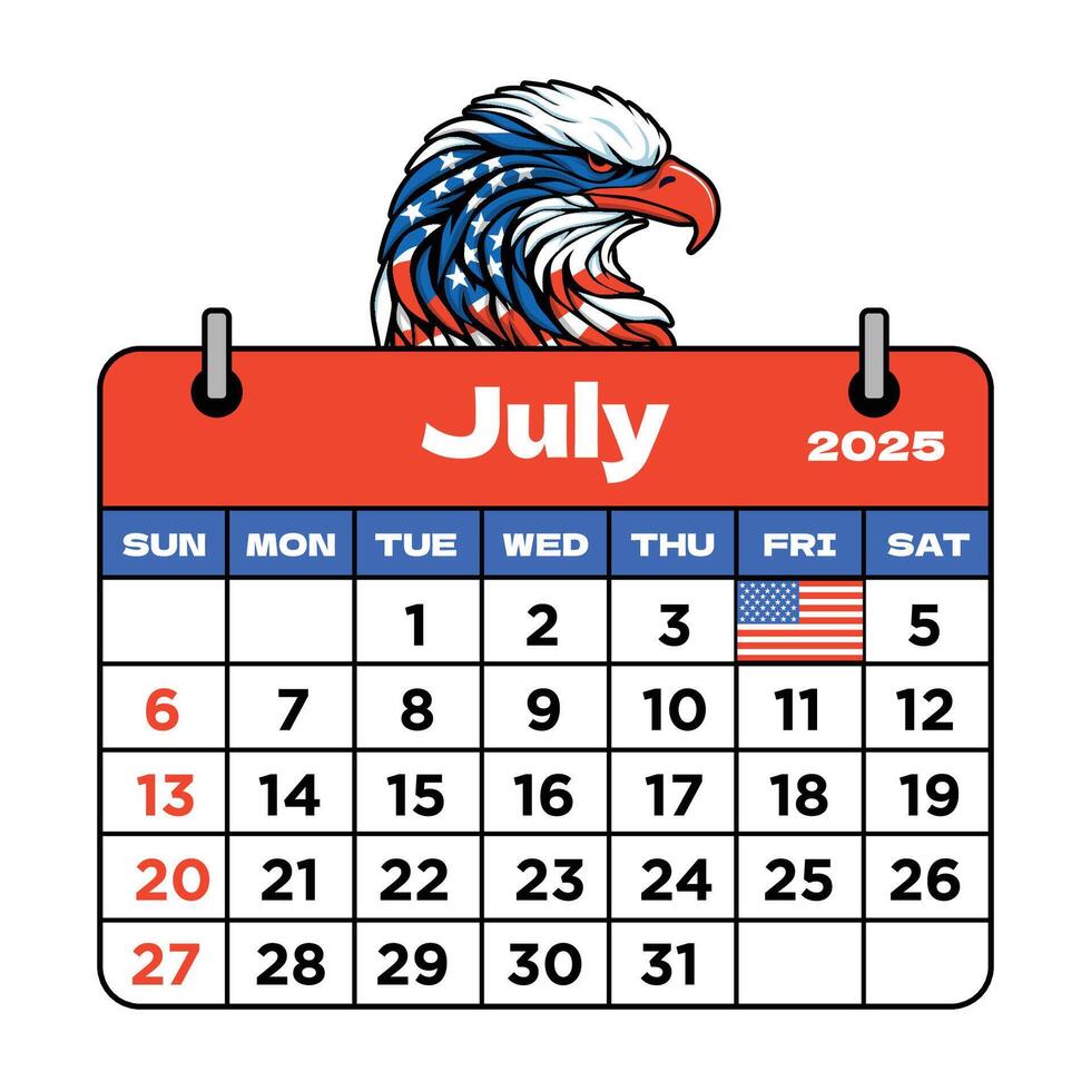 Calendar For The Month of July with American Eagle vector