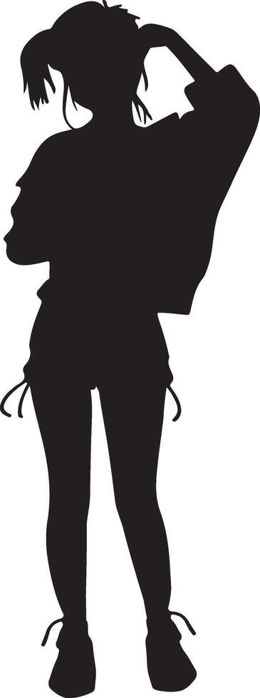 Thoughtful Anime Girl Silhouette in Casual Outfit vector