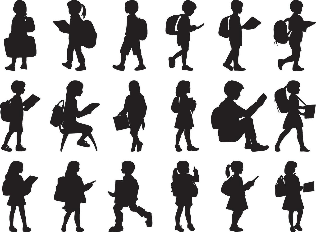 Silhouette of Kids with Backpacks in Various School ActivitiesSilhouette of Kids with Backpacks in Various School Activities vector