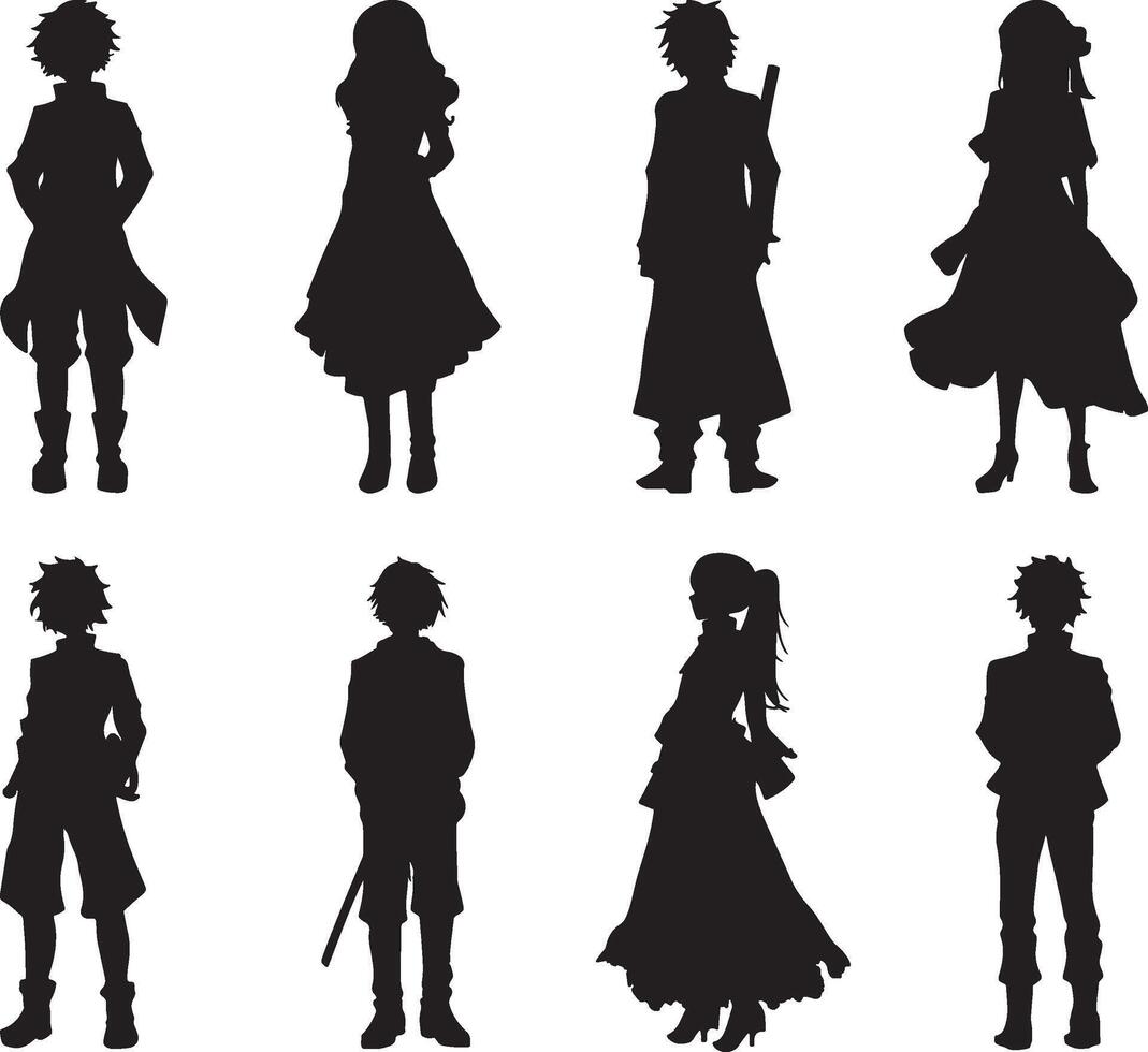 Anime Character Silhouettes in Various Outfits vector