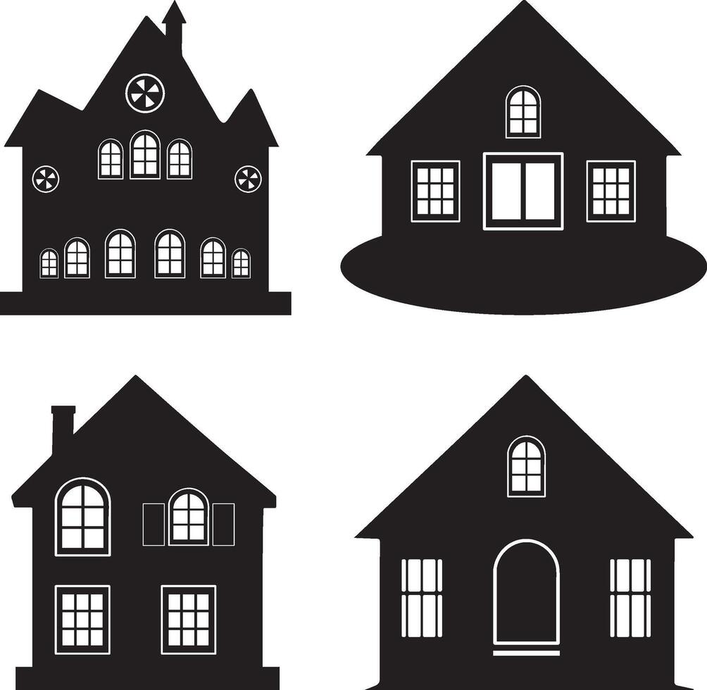 Simple Black Silhouette Illustrations of Different House Styles vector