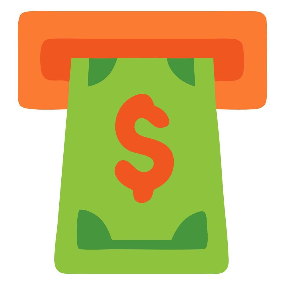 Colorful illustration of an ATM dispensing cash with a dollar sign, set against a simple background vector