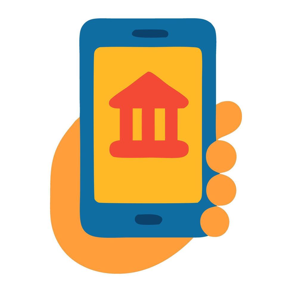A hand holding a smartphone displaying a bank building icon, symbolizing digital banking services vector