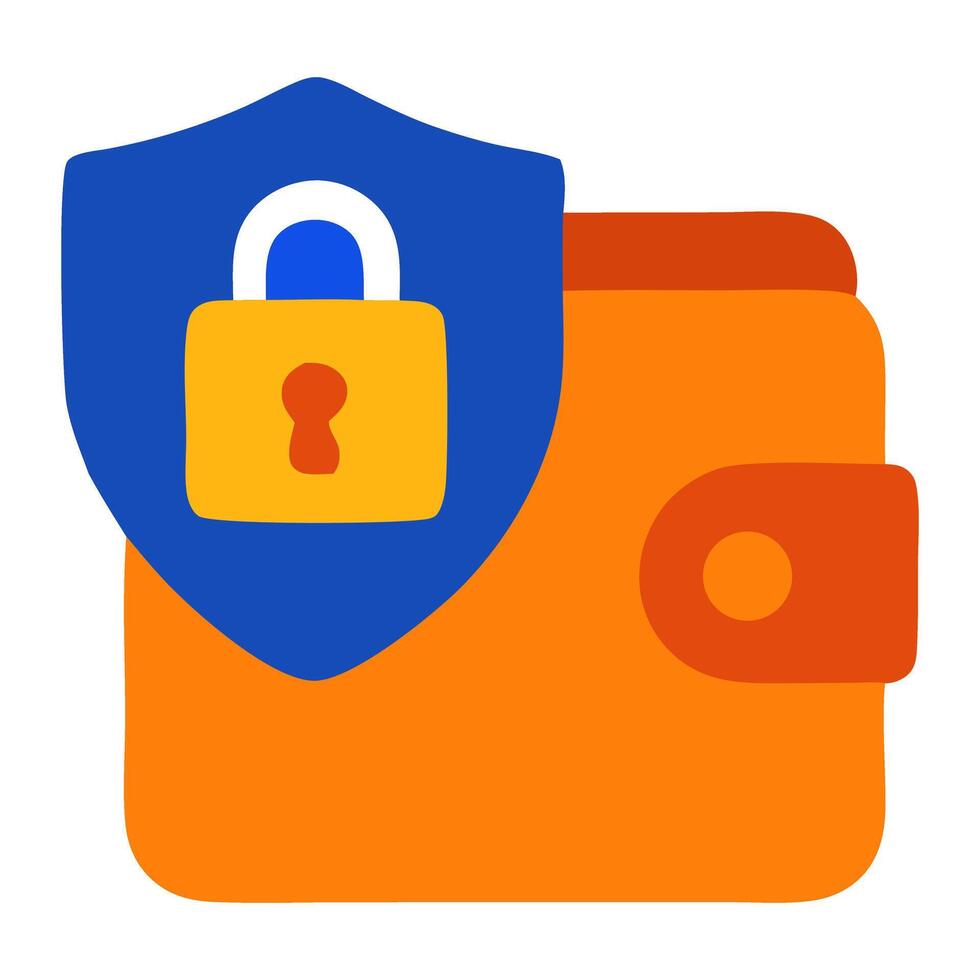 Colorful wallet with a shield and padlock symbolizing security and protection for valuables vector