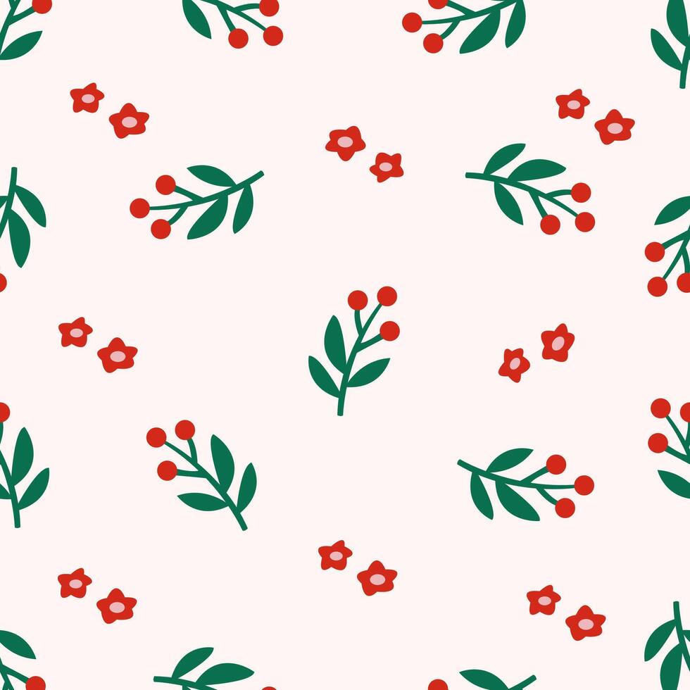 A pattern with red berries and green leaves vector