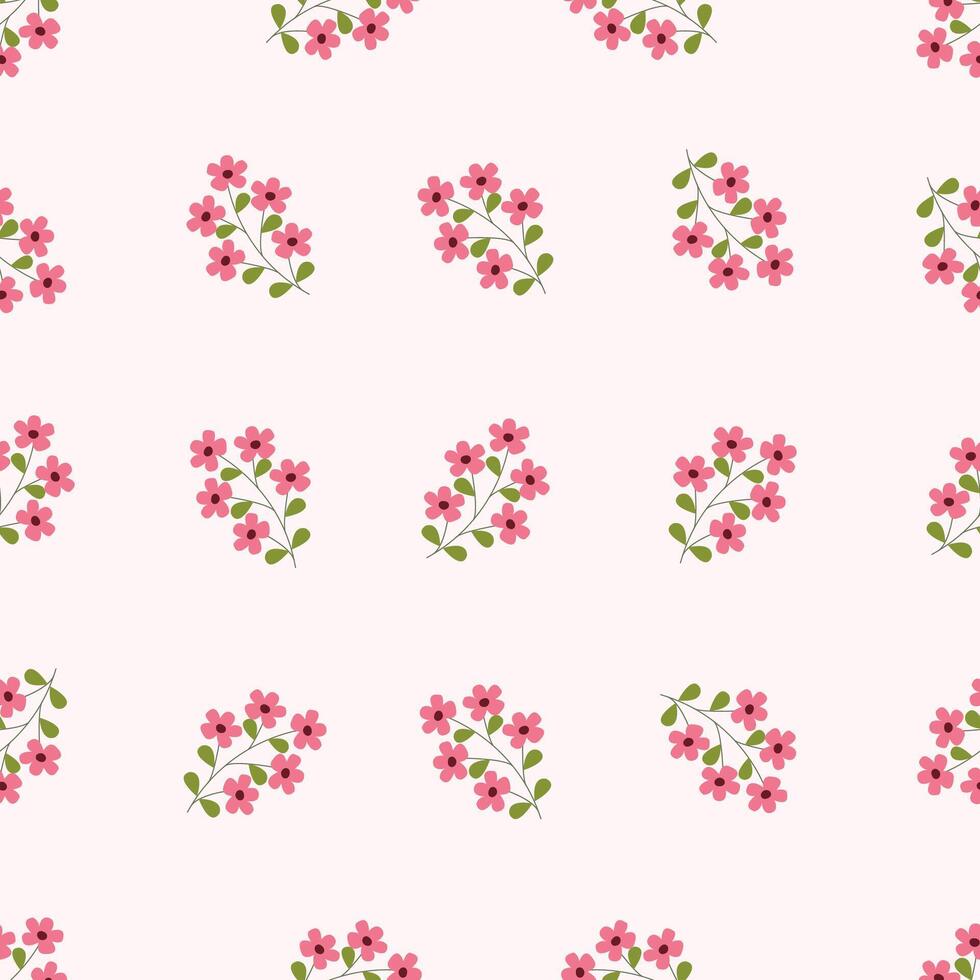 A pattern with pink flowers and leaves on a white background Seamless floral pattern. Motives are scattered randomly. Flower pattern background. cute pattern. vector