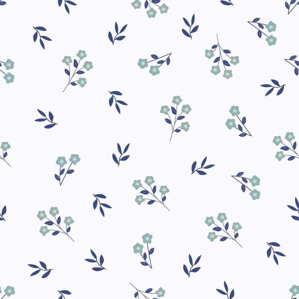 A pattern with blue flowers and leaves on a white background Seamless floral pattern. Motives are scattered randomly. Flower pattern background. cute pattern. vector