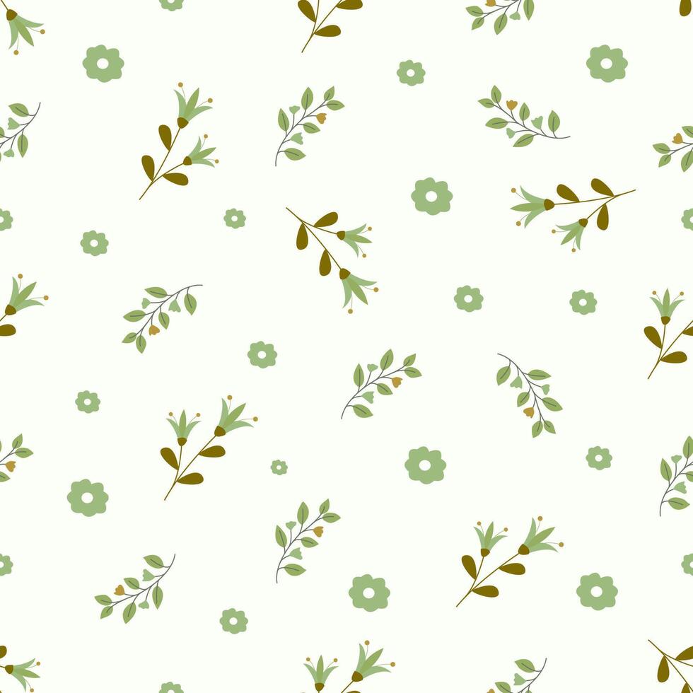 A green floral pattern with leaves and flowers Seamless floral pattern. Motives are scattered randomly. Flower pattern background. cute pattern. vector