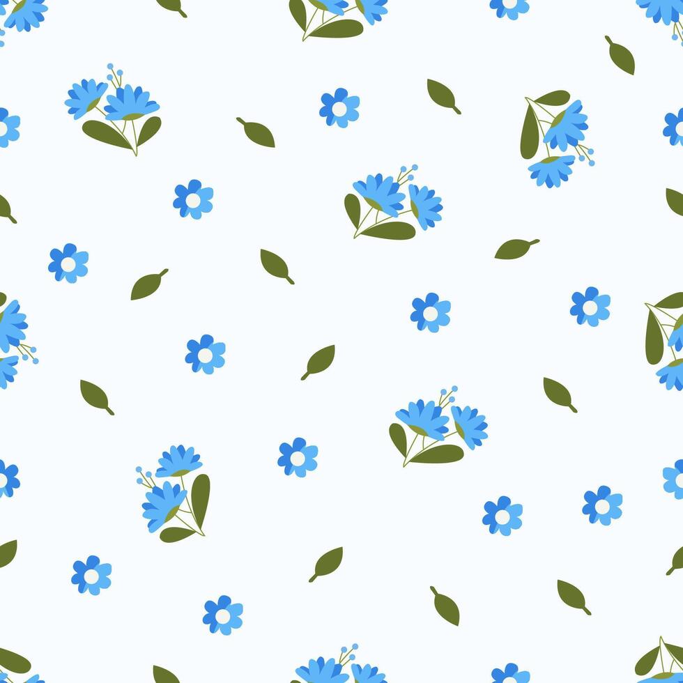 A blue and green floral pattern on a white background Seamless floral pattern. Motives are scattered randomly. Flower pattern background. cute pattern. vector