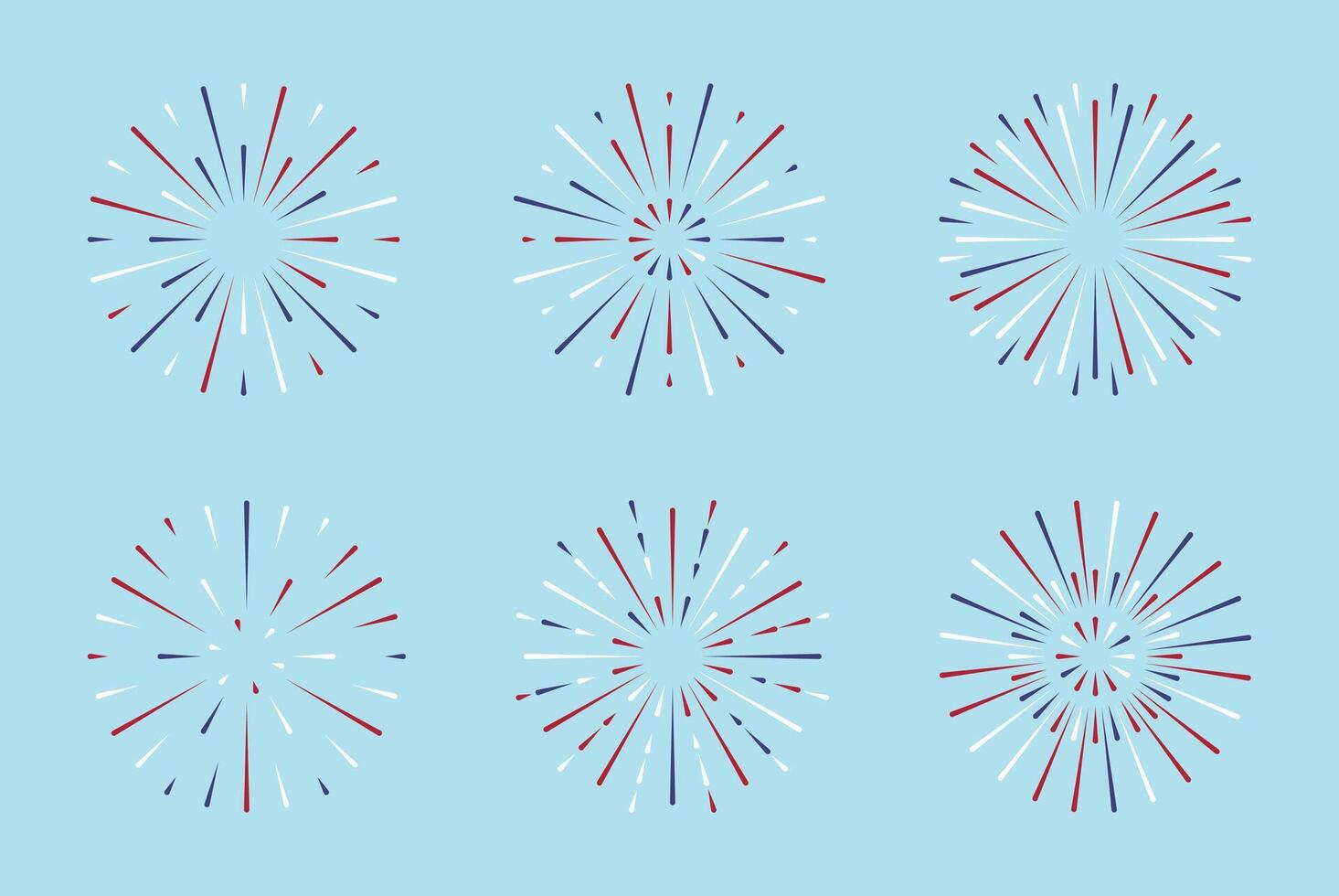 Fireworks USA flat style set. Fourth of July with a red white blue stars and sparks. United states of america independence day firecracker. Simple explosion. vector