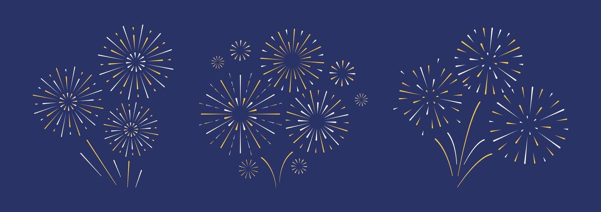 Fireworks on sky background. Set of sparkle icons in white yellow color and flat style. Celebration, winner, New year party, anniversary poster and banner decoration. Simple explosion. vector