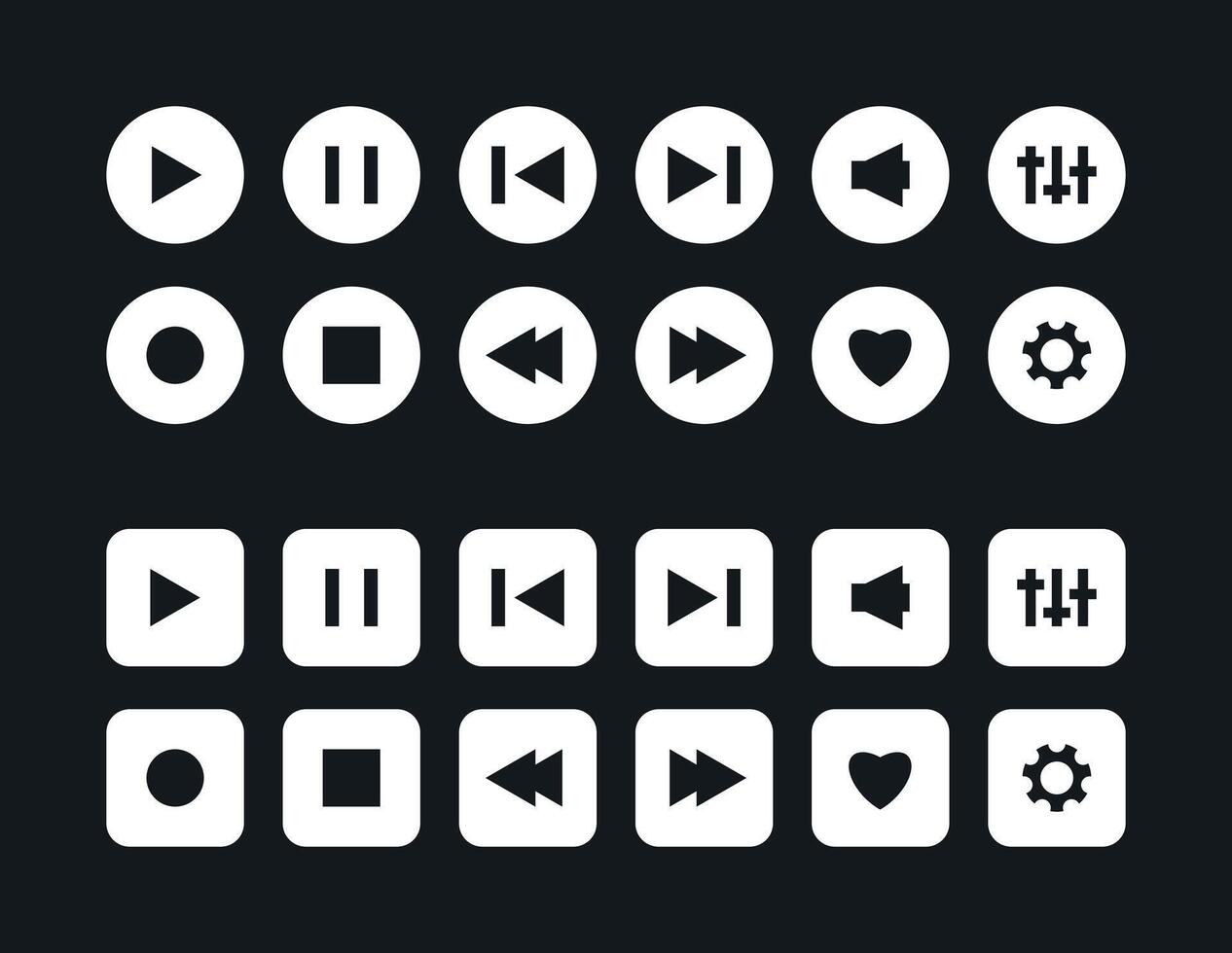 Music player button icon set. Play, pause, next, previous like and settings symbol in black and white color and round square shape. Media interface element. vector