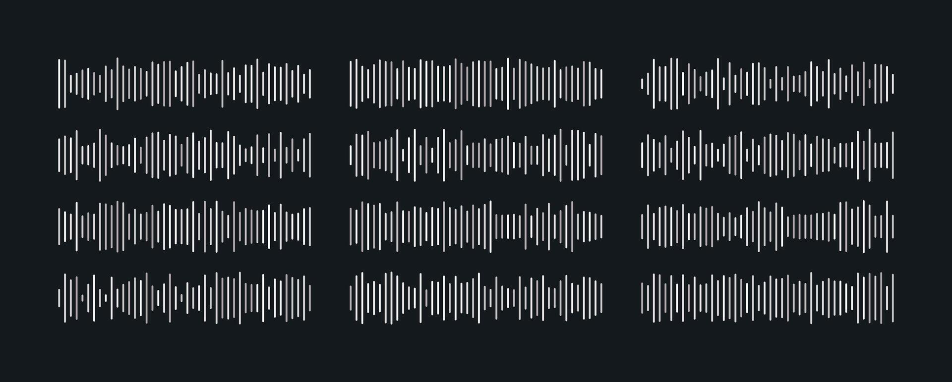 Set of waving, vibration and pulsing lines set. Song radio wave in silver color for music app. Isolated illustration. Media player interface decoration. vector