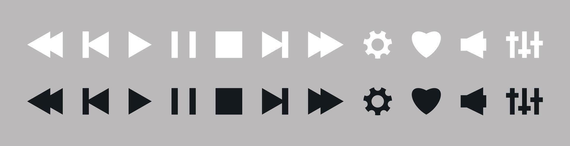 Media player icon set. Sing play, pause, next, previous like and settings symbol in black and white color flat style. Audio playback interface element. vector