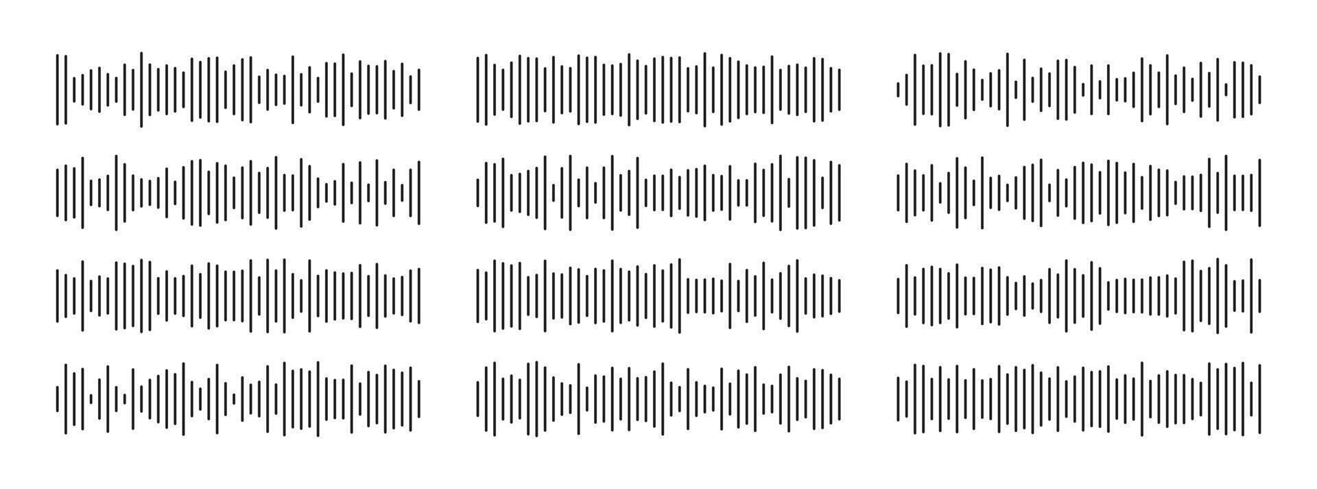 Waving, vibration and pulsing editable lines for financial monitoring. Radio sound wave set. Voice message. Audio icon. Waveform for music player interface. Recording. Equalizer template vector