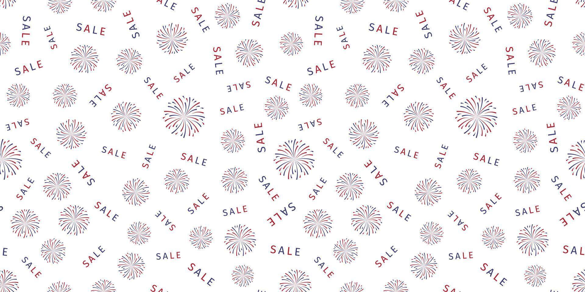 Firework and word Sale Seamless pattern of red, white, and blue color. USA Independence Day, New Year background. vector