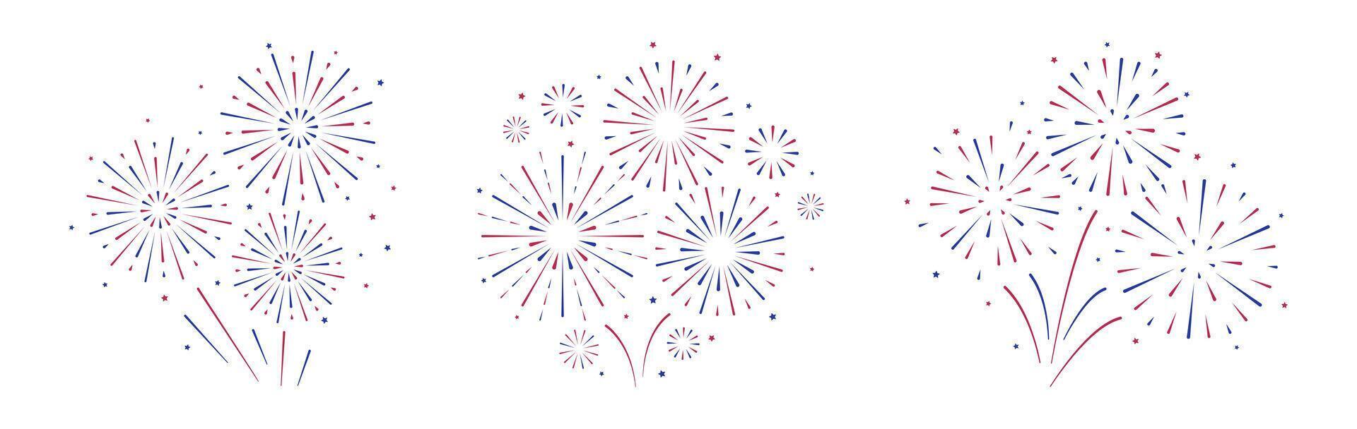 Set of simple, modern, geometric and abstract design illustrations of Fireworks and firecrackers. USA independence day element set. Explosion in flat style. vector