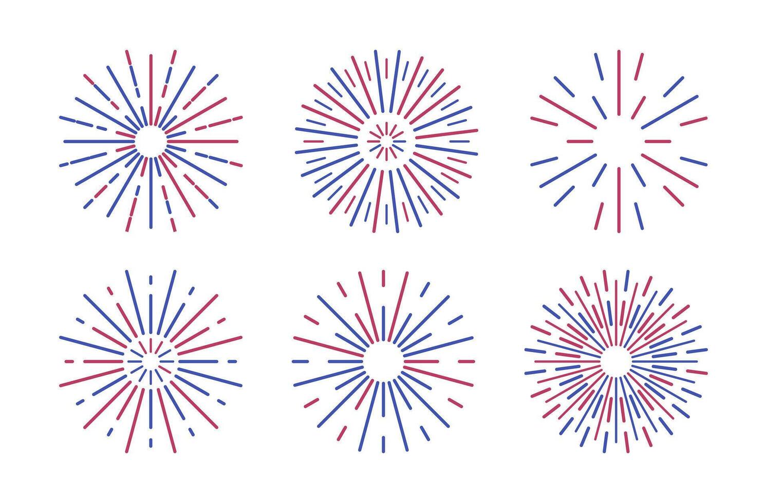 Fireworks USA independence day celebration Set. Blue red Firecracker in flat style. Blast explosion icon. New year birthday. Sparkles poster banner card on festival anniversary party. Simple splashes. vector