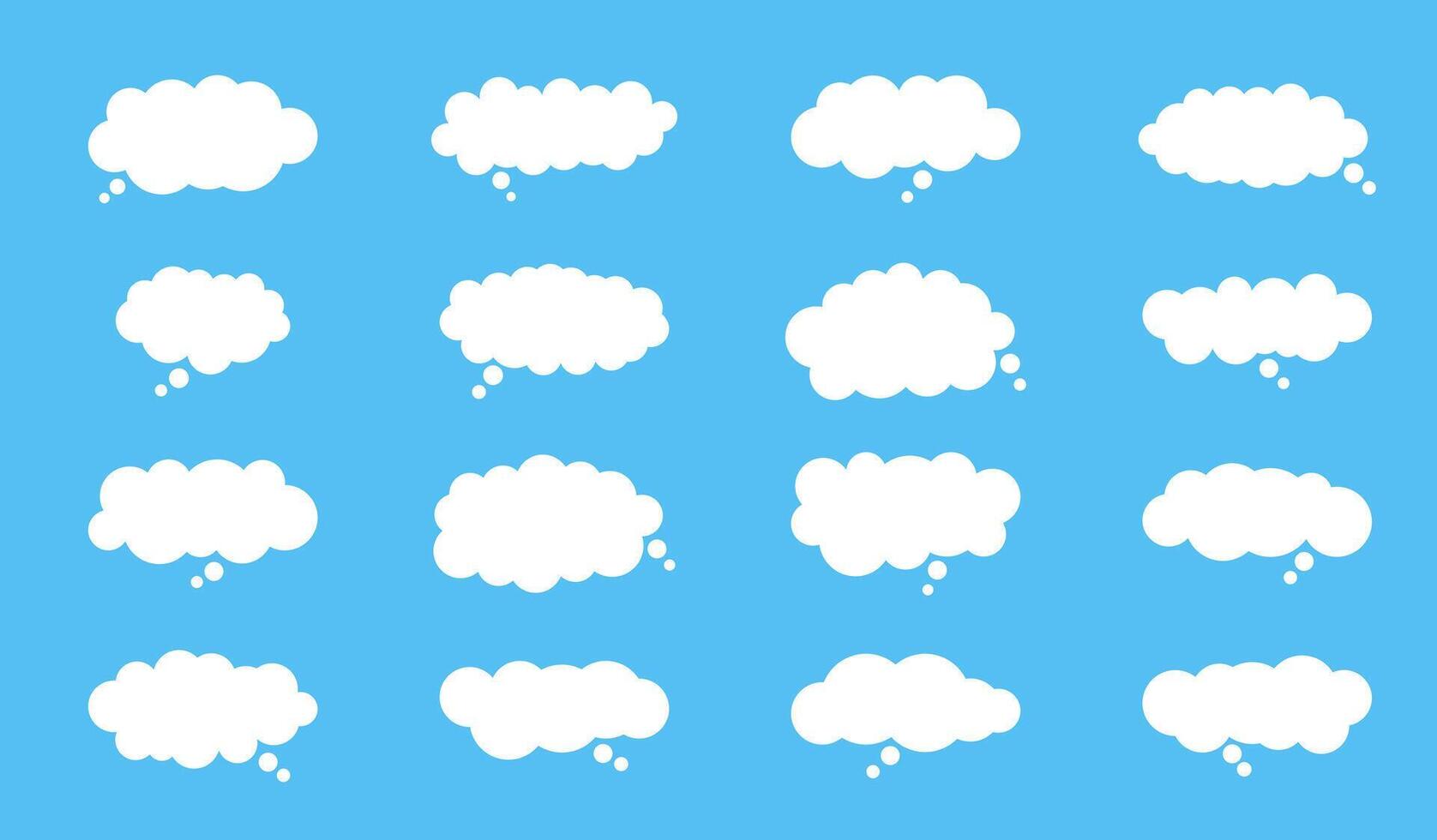 White Cloud Speech Bubble set. Talk fluffy text box. Blank chatting, message border. Empty flat style shapes on blue background. vector