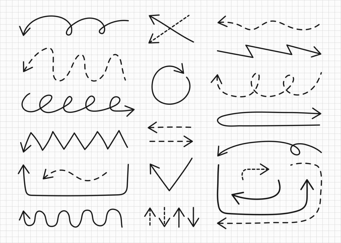 Doodle Arrows set. Hand drawn pointers on white background. Thin long dotted elegant minimalistic editable stroke black color. Infographic navigation direction symbol. Back to school notebook sheet vector