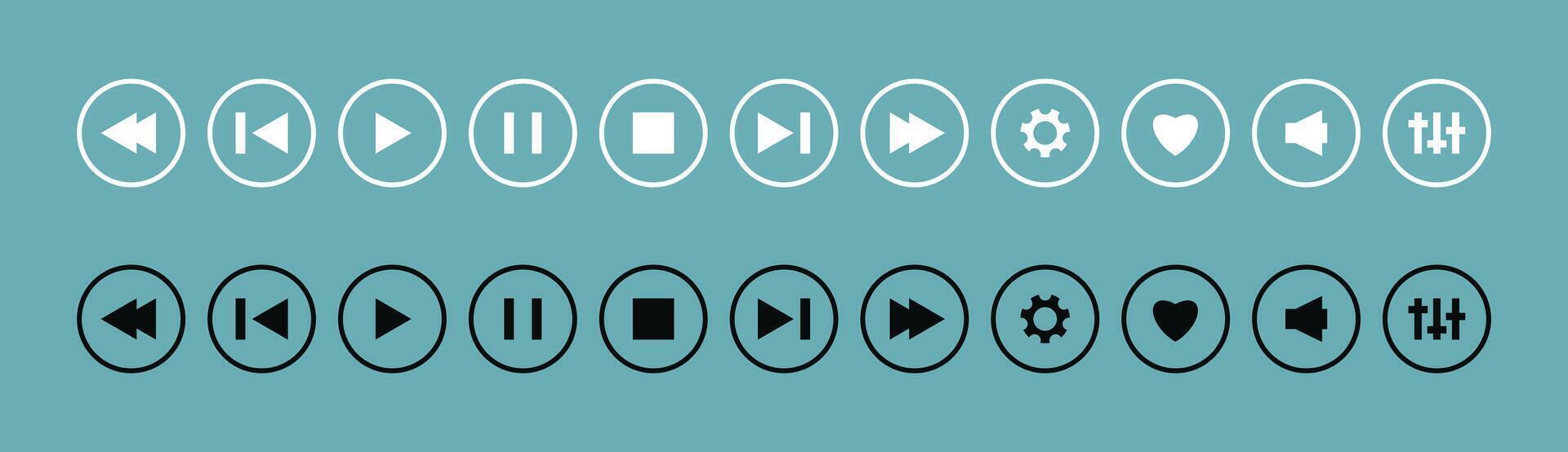 Music Player icon set with play, pause, next, previous like and settings symbol in black and white color with editable stroke. Media Audio device Buttons. Ui playback display sing. vector