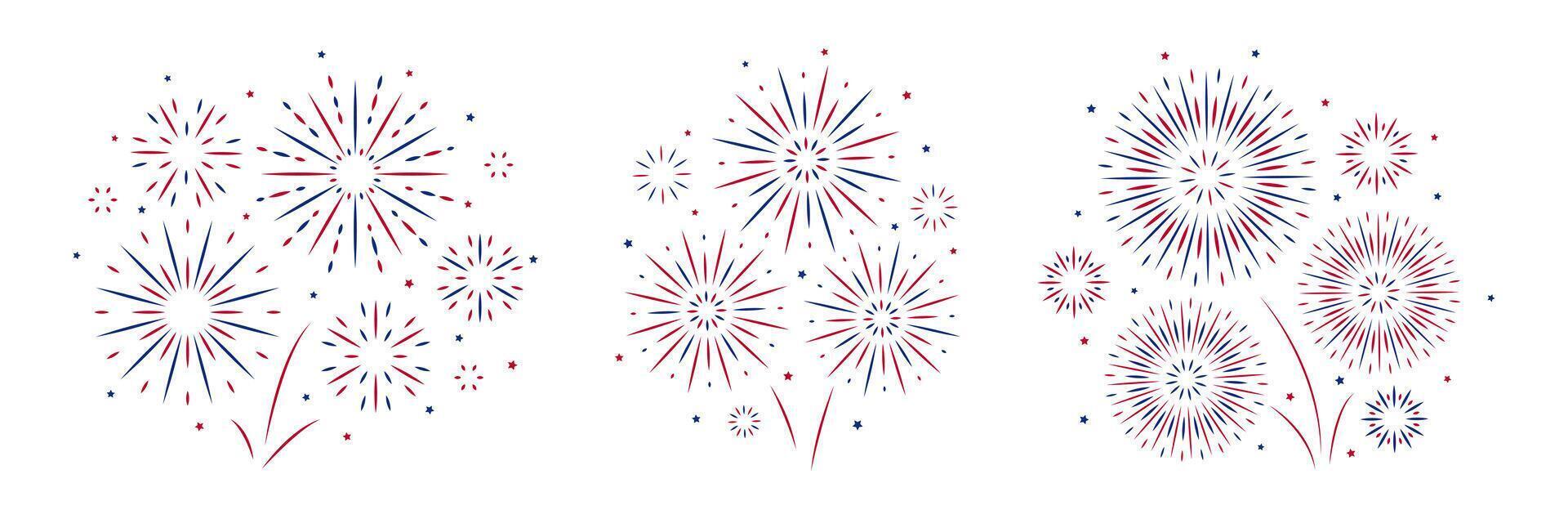 4th of July fireworks set in flat style. USA Independence Day explosion with blue red color. Labor day decoration for poster banner card. Happy new year birthday Sparkles. vector