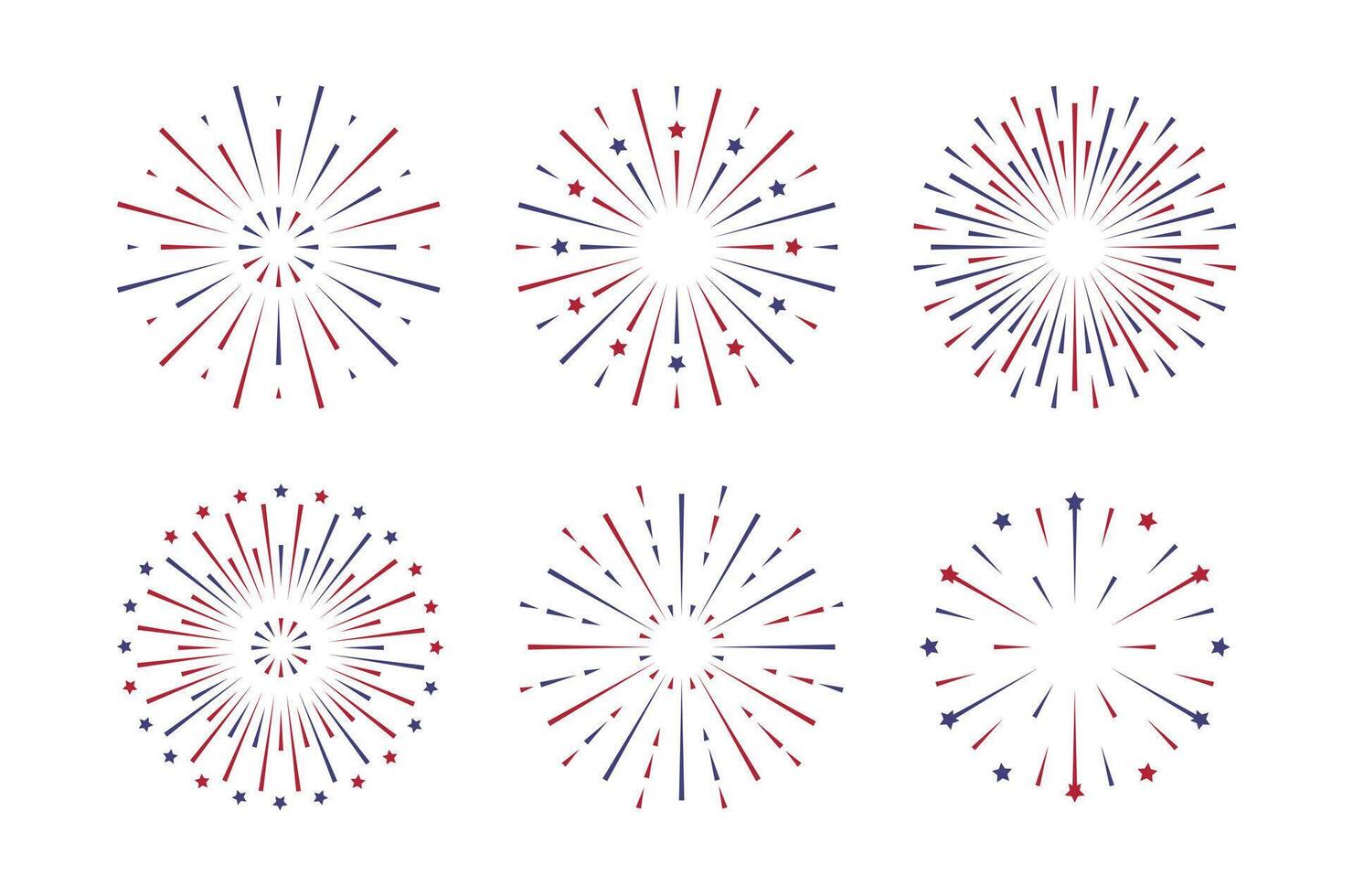 Firework icon set for American independence day, new year element for poster banner card. Christmas sparkler confetti, firecracker minimal decoration. Simple explosion icons. vector