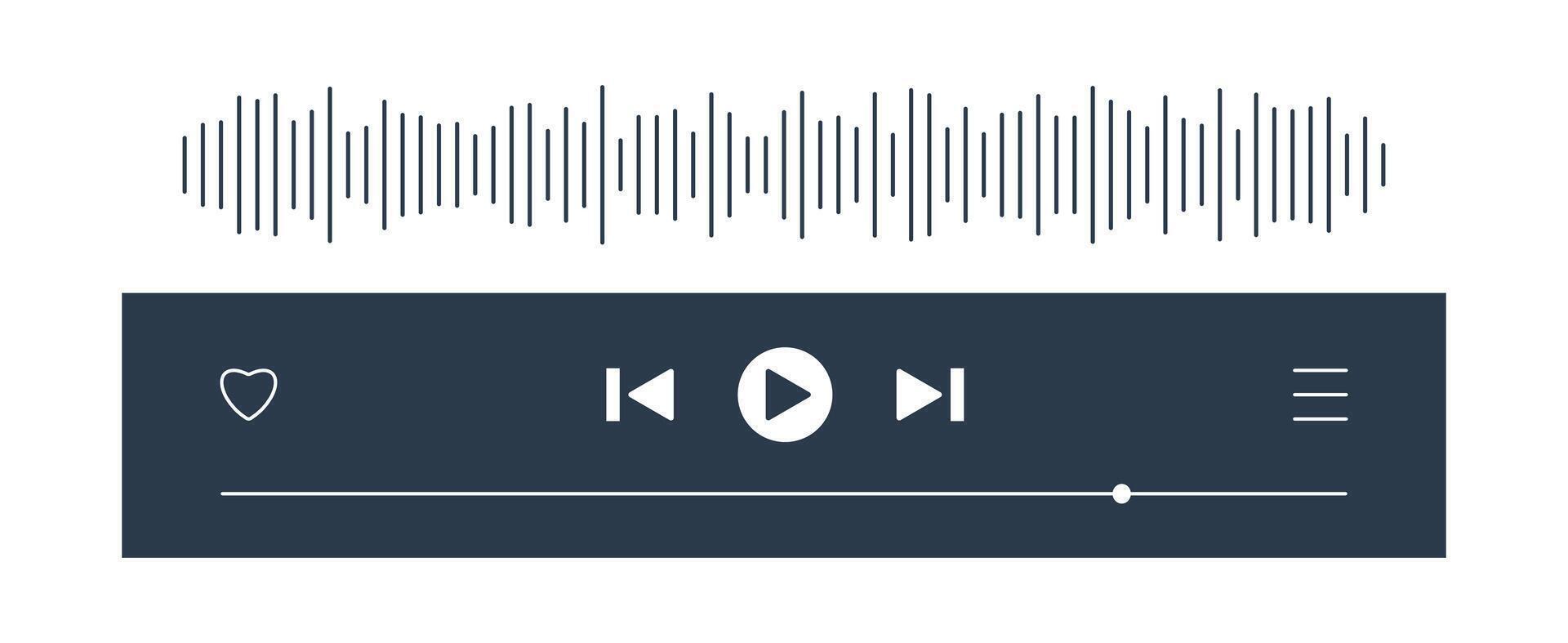 Music or play bar with song radio wave. Audio player for music or podcast playlist. Play skip heart menu button. Dark theme. illustration. vector