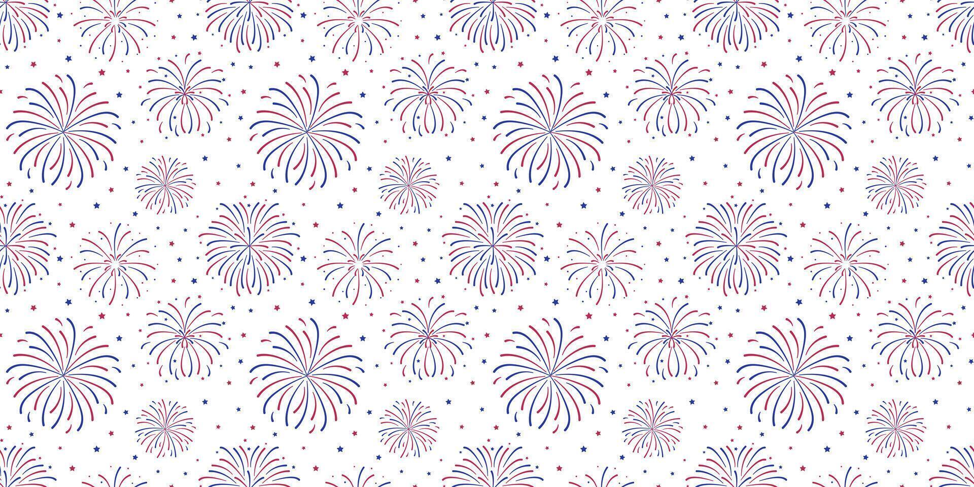 Fireworks seamless pattern. USA flag color Red, white, and blue explosion background. American Independence Day, New Year endless banner, wallpaper. vector