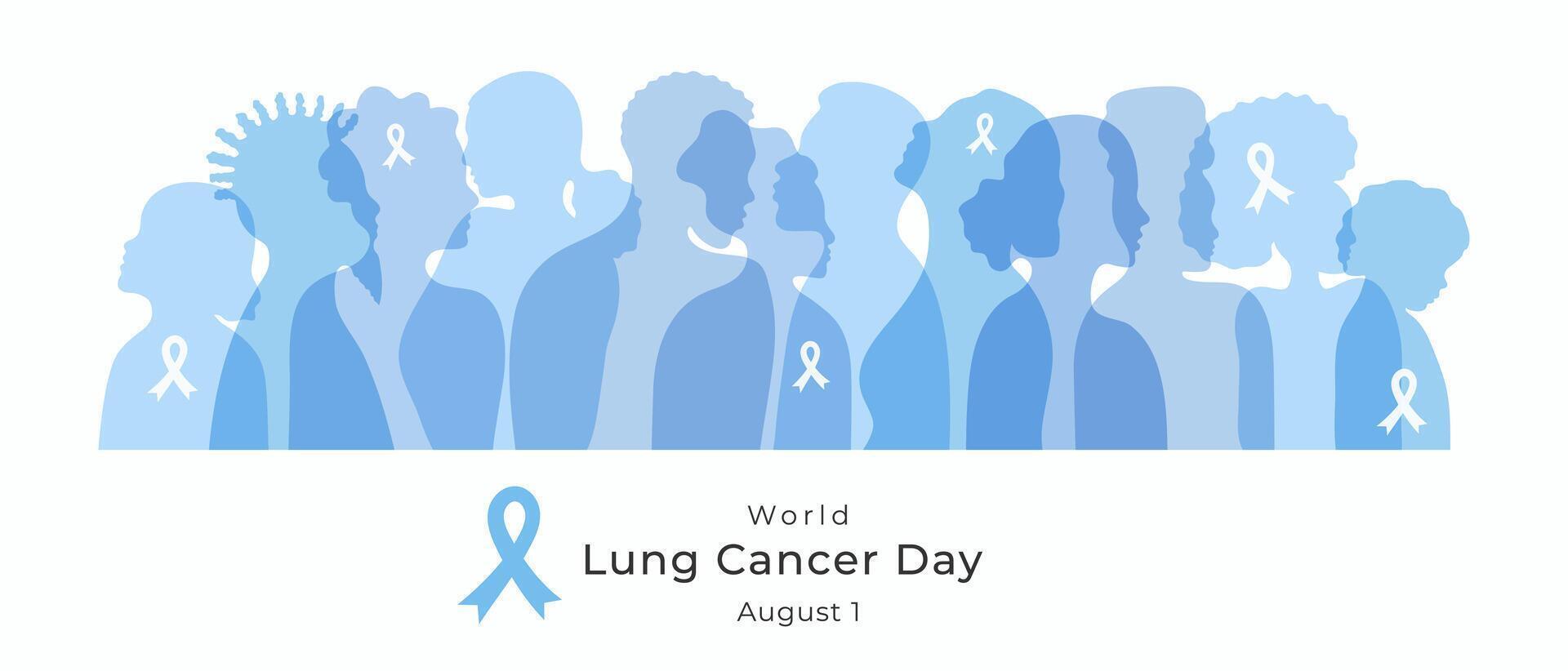 World Lung Cancer Day banner template with diversity people silhouette. Minimalist design flat style illustration background. Blue awareness ribbon for August 1 background. vector