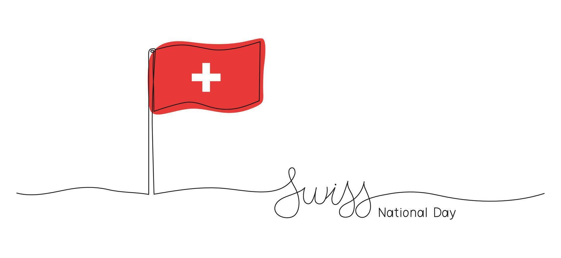Swiss National Day text banner template. Editable stroke hand drawn lettering. One continuous line art background with red flag. Outline drawing with typography for poster card. Switzerland 1 August. vector